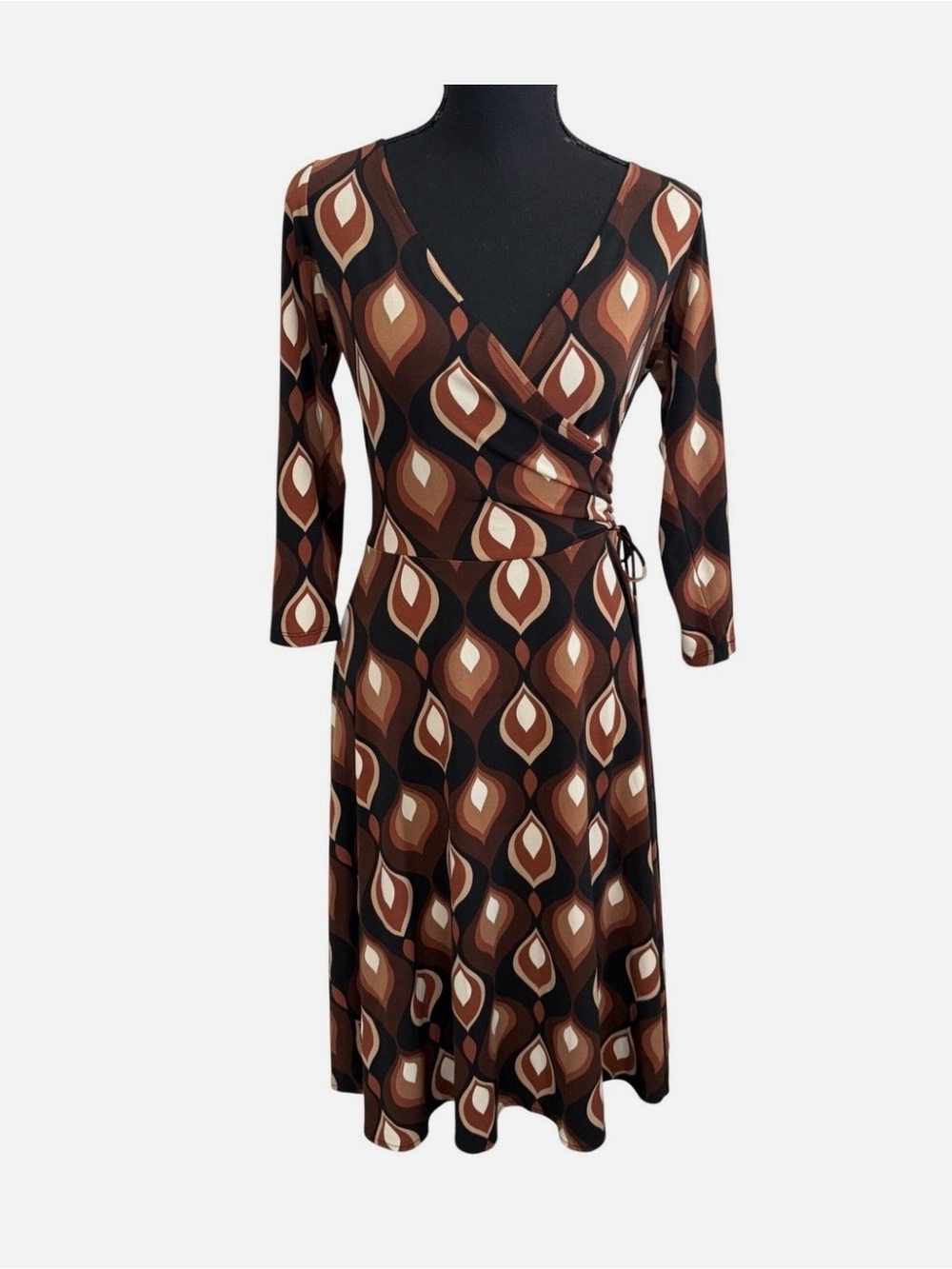 Vintage London Times Brown Teardrop Geometric 3/4 Sleeve Midi Dress Size 8 Boho